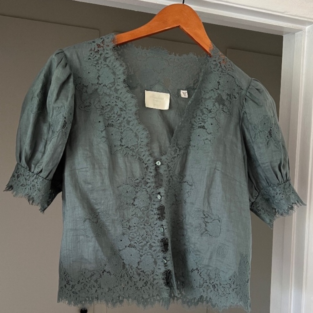 Doen Teal Lace-Trim Puff Sleeve Blouse